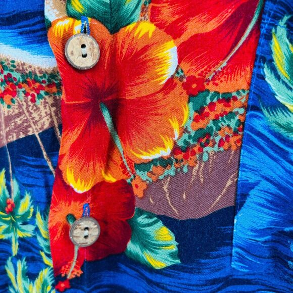 90s Kennington LTD Blue Orange Floral Hawaiian Tropical Short Sleeve Button Down - Picture 2 of 7